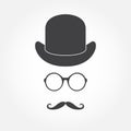 Glasses, hat and mustache. Old fashioned gentleman accessories icon set. Vintage or hipster style. Vector illustration. Royalty Free Stock Photo